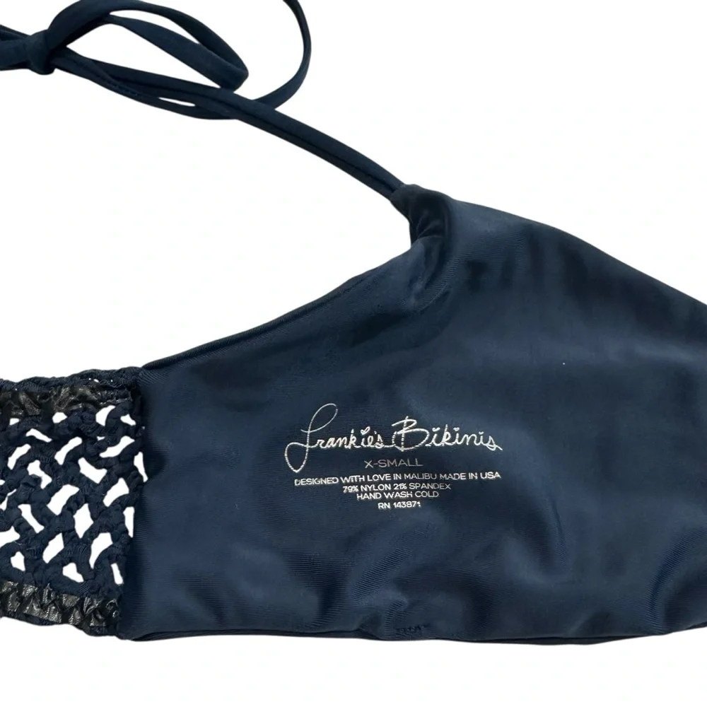 Frankie's Bikinies Blue‎ Front Tie Chrochet Back Halter Top, XS